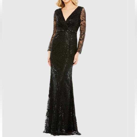 Mac Duggal Black Embellished Wrap Over Long Sleeve Gown